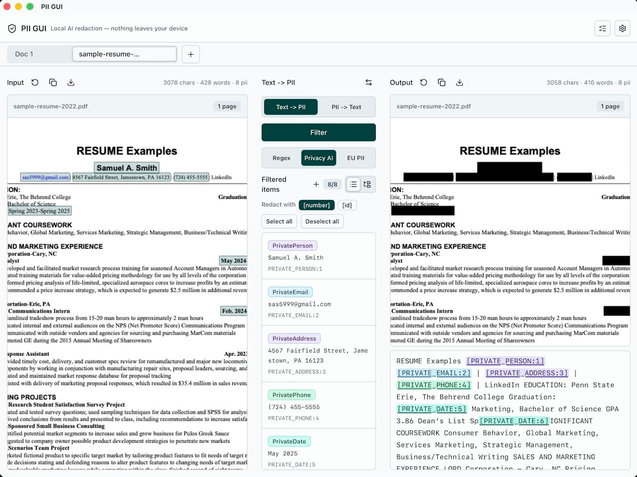 PII GUI reviewing a resume PDF with detected personal details highlighted on the left and black redaction boxes applied in the exported preview on the right.