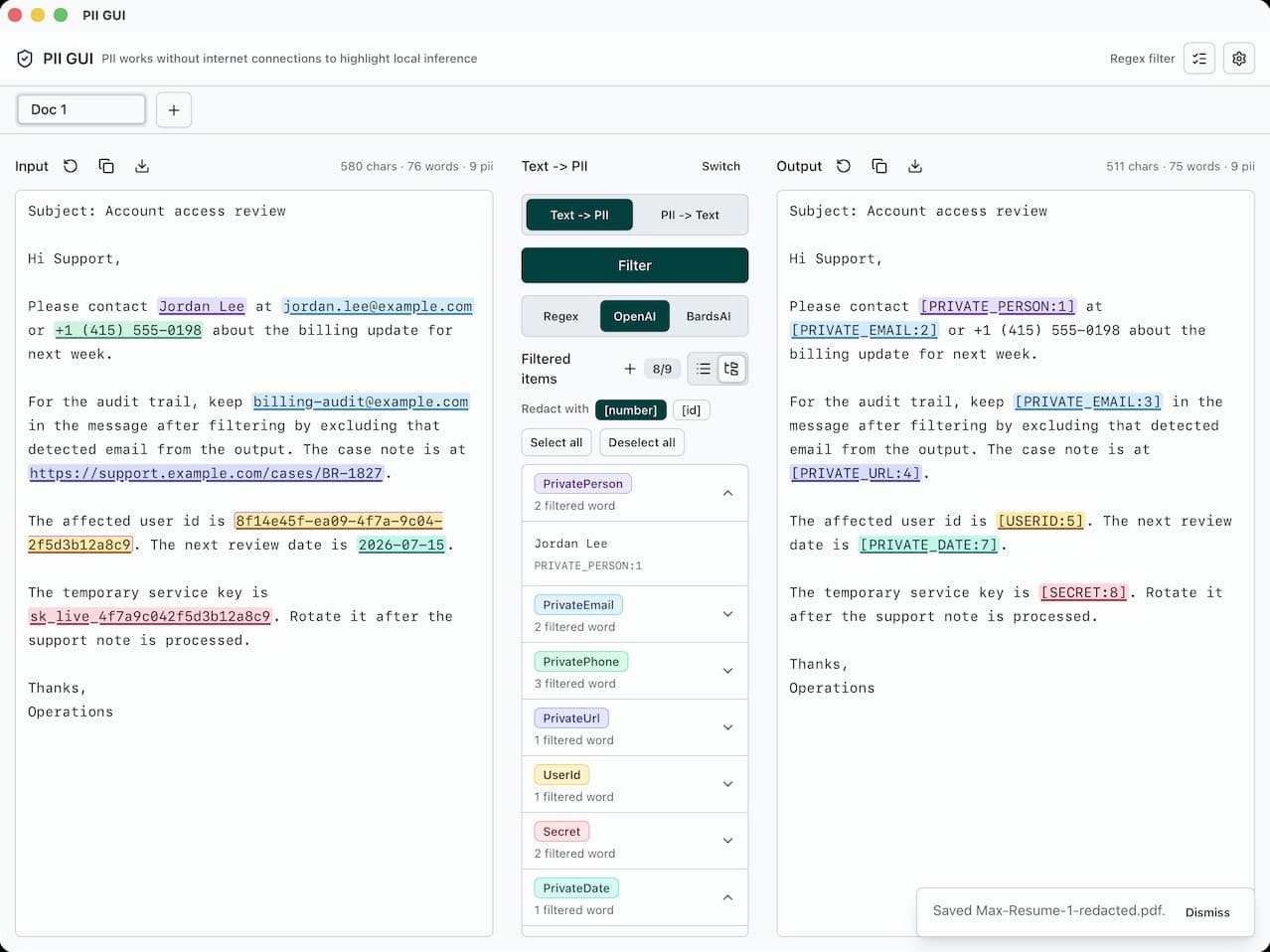 PII GUI reviewing an email: detections highlighted in the input, per-kind filter toggles in the middle, and the redacted output on the right.
